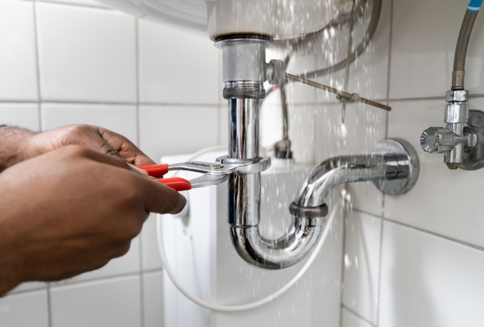 Home A plumber repairing a leaking pipe under a sink with water spraying from the joint. Flow Pro Plumbing offers emergency pipe leak repair and plumbing services in Brentwood, Oakley, Antioch, Discovery Bay, Pittsburg, and Concord, providing fast solutions to prevent water damage and ensure a reliable plumbing system. Pipe leak repair, emergency plumbing, plumbing repair Brentwood, leak repair Antioch, water leak services Oakley, burst pipe repair Discovery Bay, Flow Pro Plumbing, pipe repair Pittsburg, sink leak Concord, leak detection California, plumbing maintenance, residential plumbing services