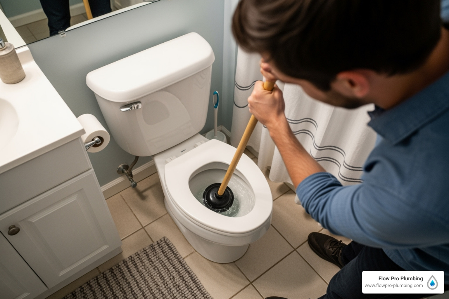 Home A person in a blue shirt uses a plunger on a white toilet in a clean, tiled bathroom.