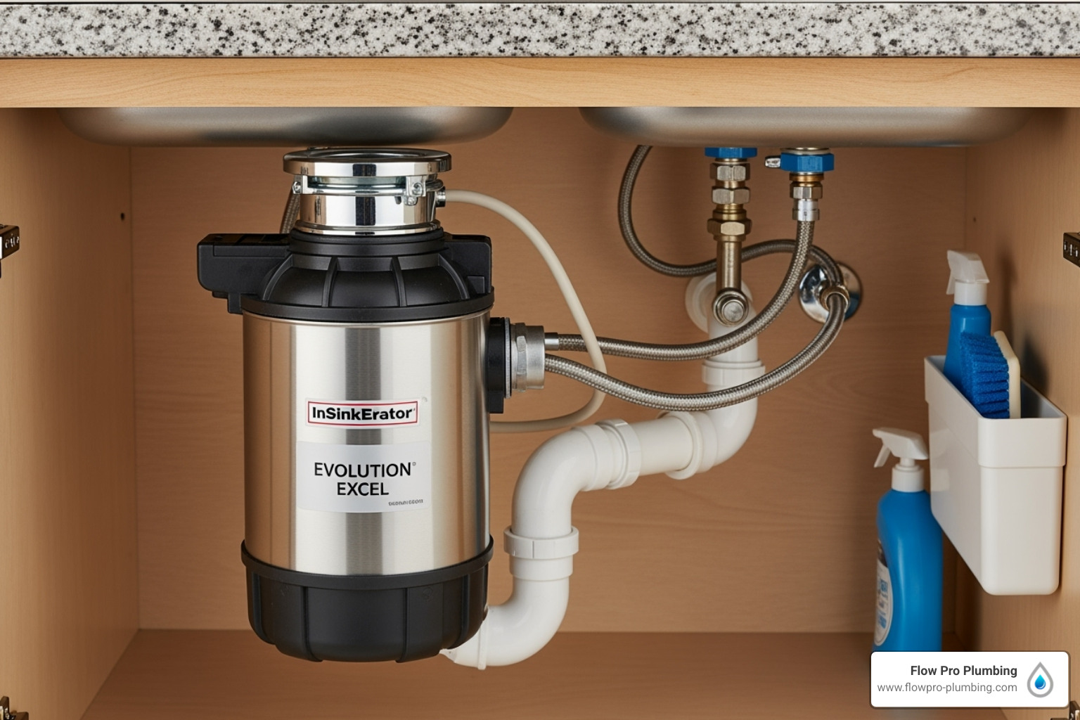 Home Under-sink view showing a stainless steel garbage disposal unit with attached plumbing. Cleaning supplies are stored on the right.