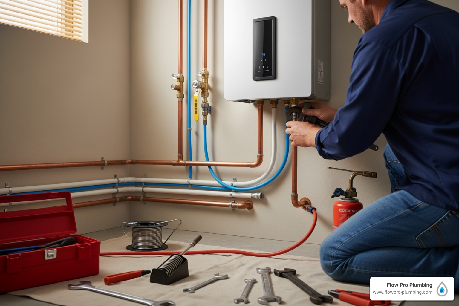 Home A plumber installs a tankless water heater, surrounded by pipes.