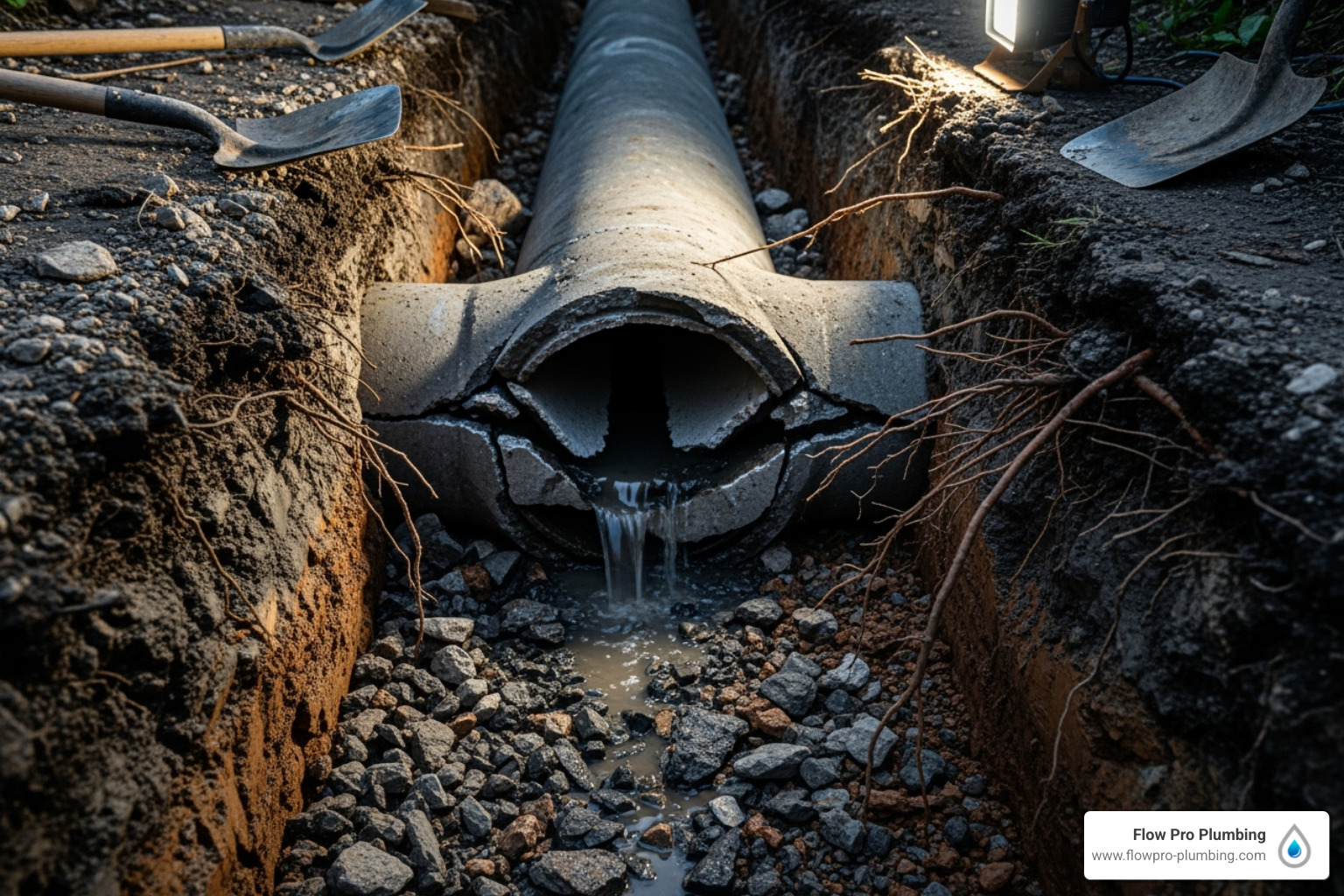 Home A cracked concrete drainage pipe with water leaking into a trench filled with rocks and soil.