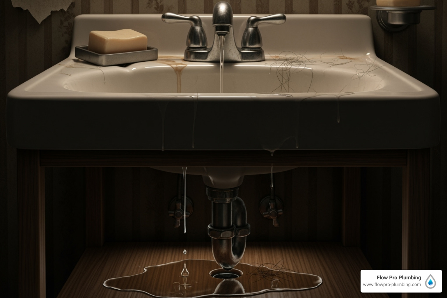 Home A bathroom sink with a leaky faucet and clogged drain overflowing with water.
