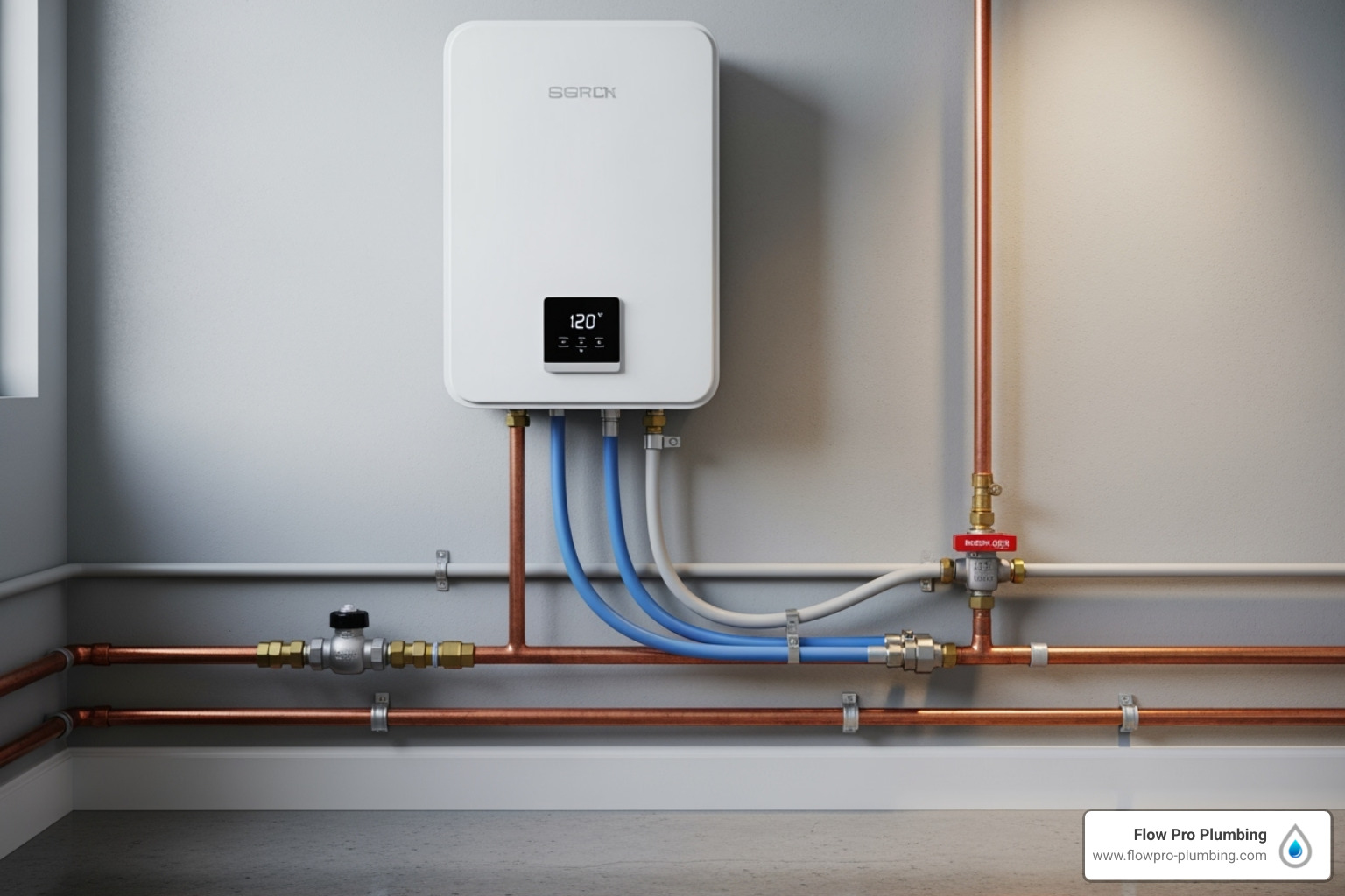 Home Wall-mounted tankless water heater with digital display set to 120°F. Copper and blue pipes connect below,