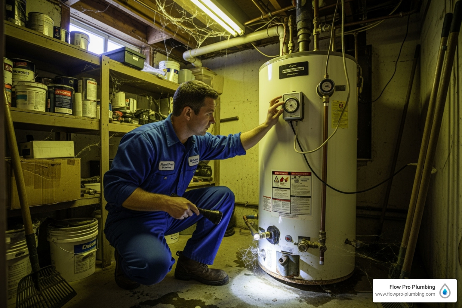 Home A plumber in a blue uniform inspects a water heater with a flashlight in a dimly lit basement.