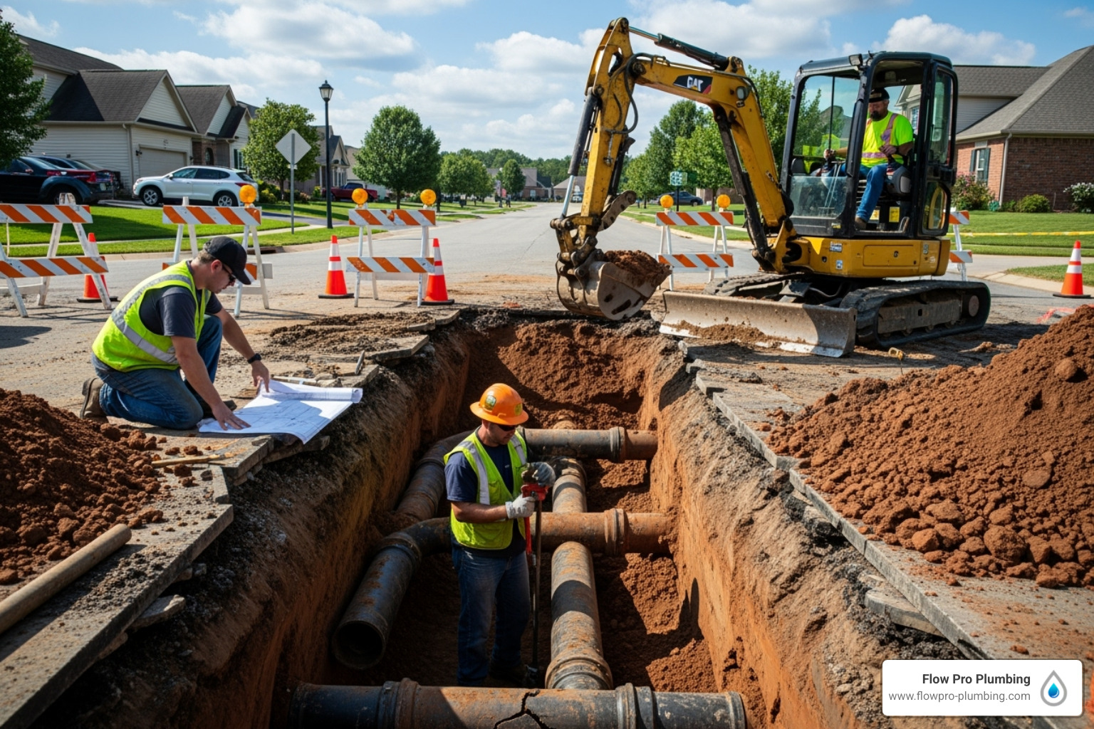 Home Construction crew working on a residential street. One worker in a trench near large pipes, another on an excavator.